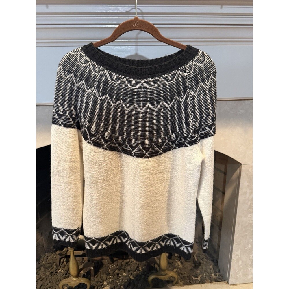 Talbots Petite MP Black/Cream Fair Isle Knit Crewneck Pullover Sweater Ribbed